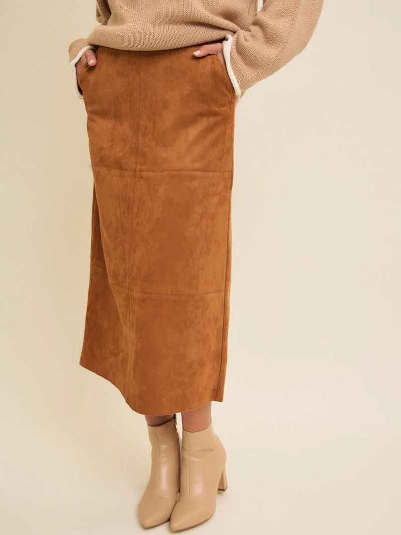 Classic Charm Faux Suede Midi Skirt - Caramel