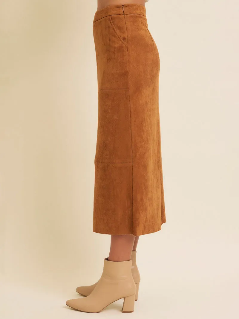 Classic Charm Faux Suede Midi Skirt - Caramel