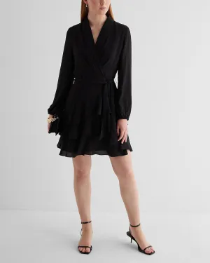 Collared Long Sleeve Tie Waist Tiered Mini Dress in Pitch Black