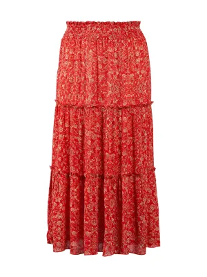 Coral Red Floral Tiered Skirt