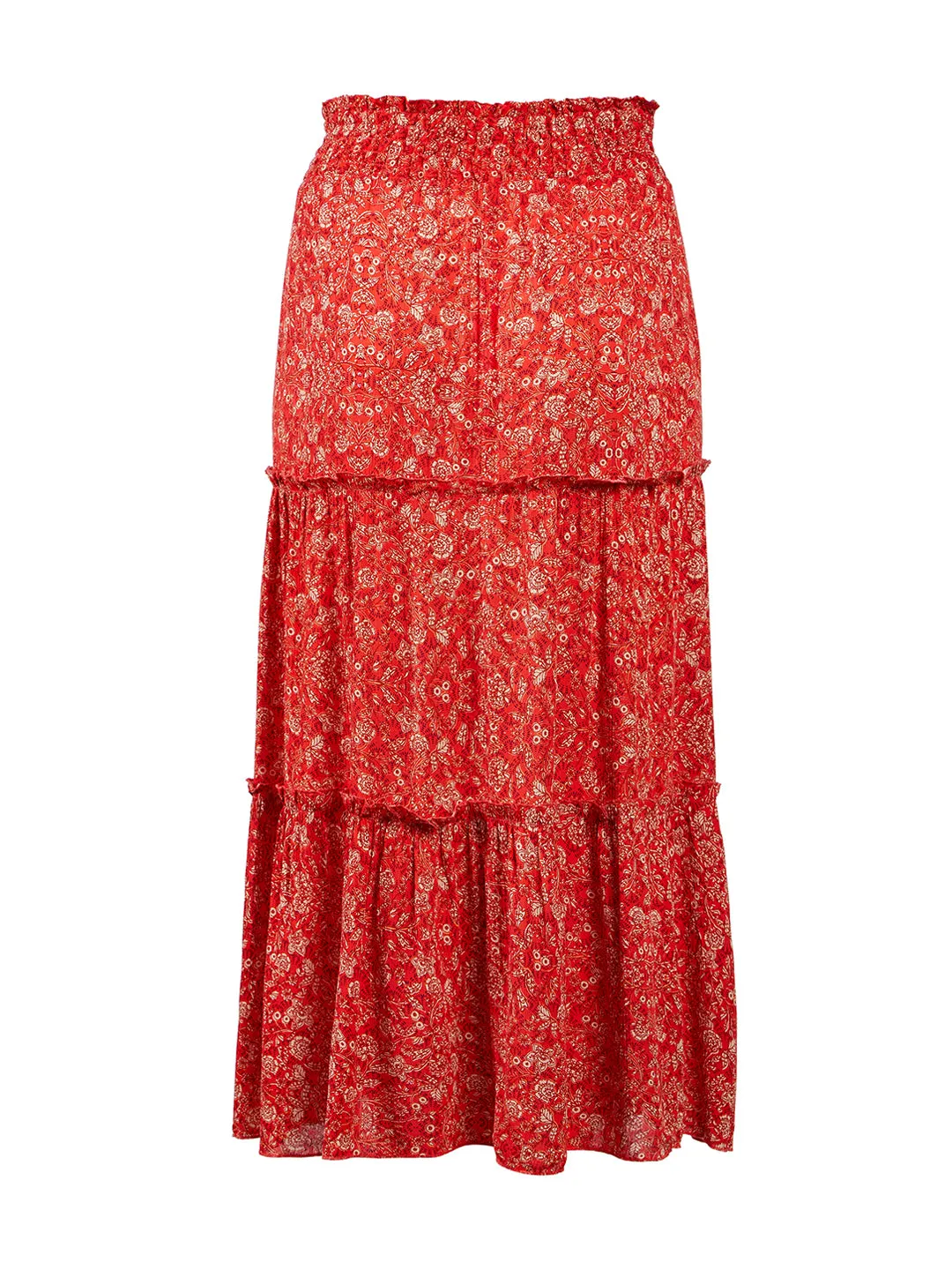 Coral Red Floral Tiered Skirt