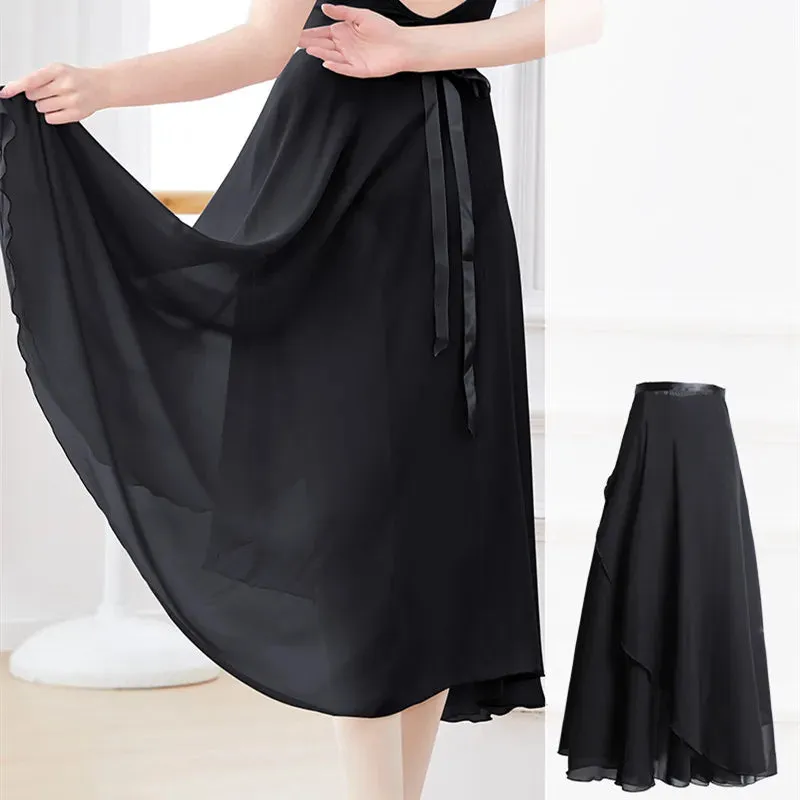 Dance Skirt Women Long Chiffon Ballet Ballroom Waist Tie Skirt