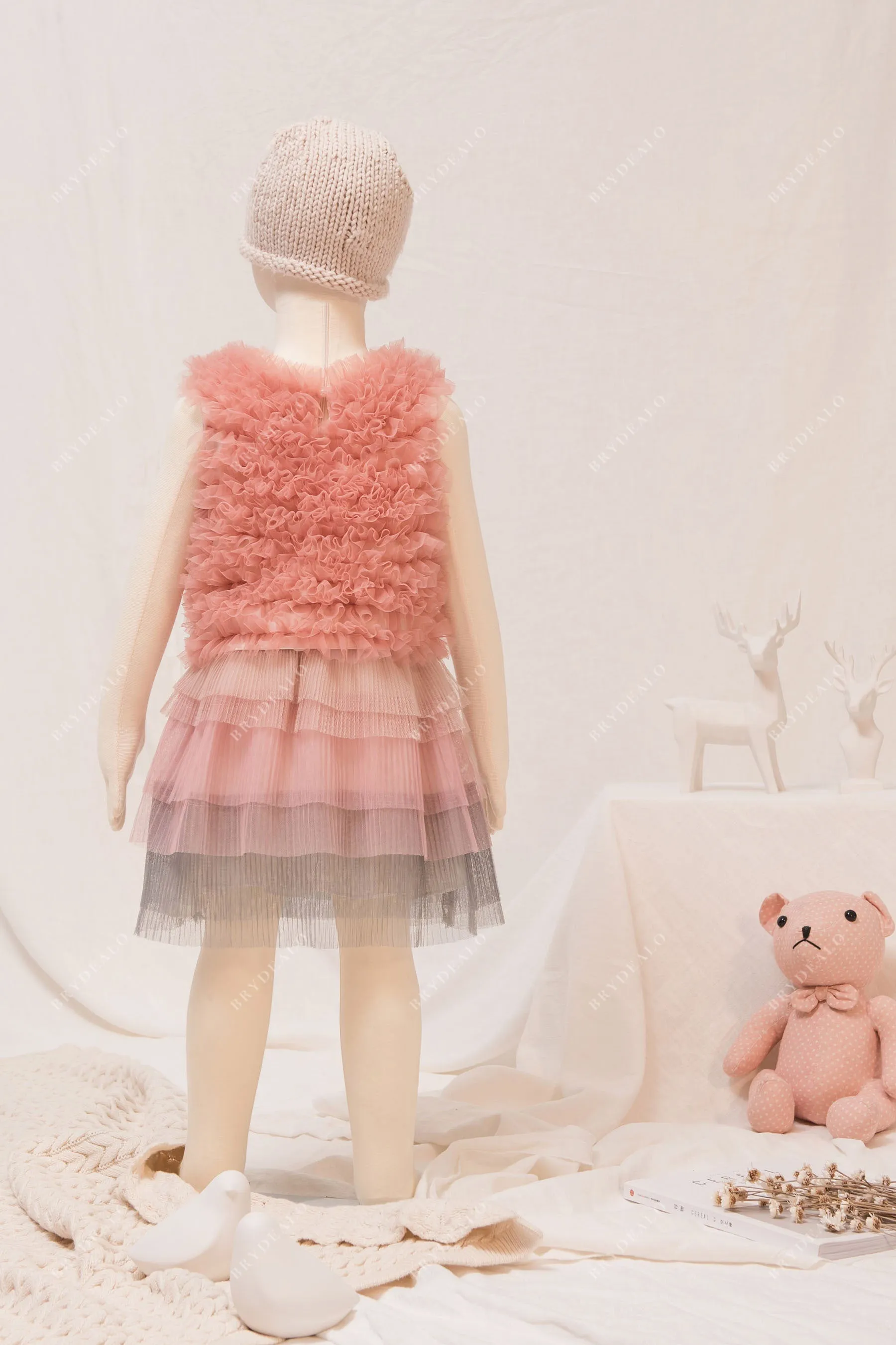 Designer Coral Two-Piece Fluffy Tank Top Tulle Little Girl Dress