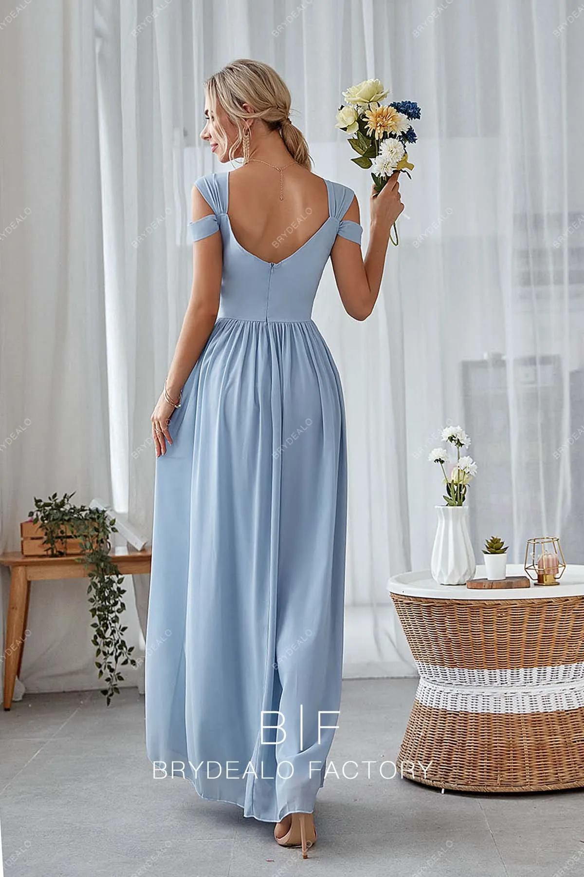 Dusty Blue Chiffon Cold Shoulder Long A-line Dress