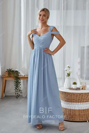 Dusty Blue Chiffon Cold Shoulder Long A-line Dress