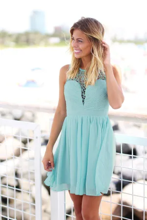 Dusty Mint Crochet Short Dress