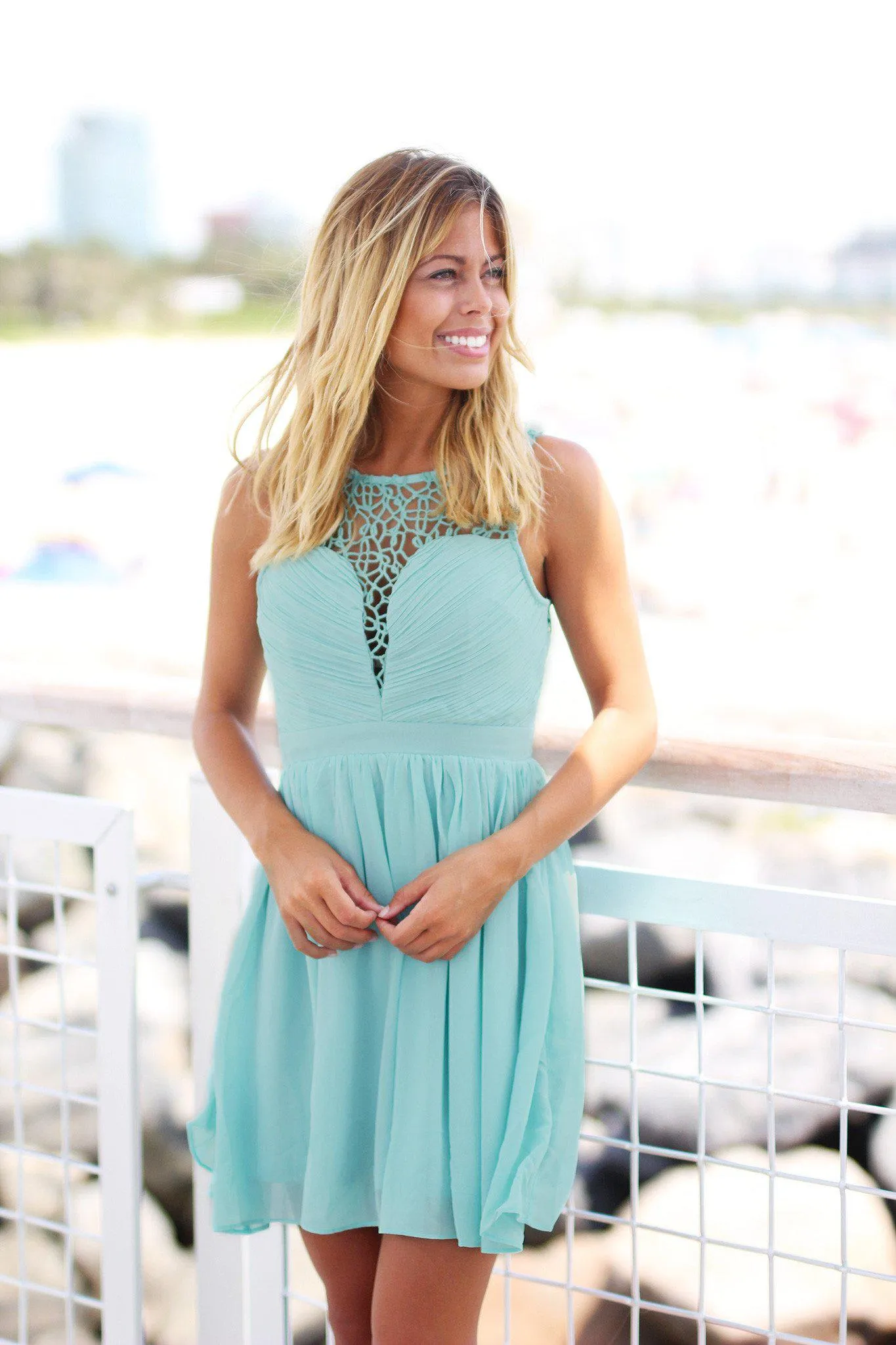 Dusty Mint Crochet Short Dress