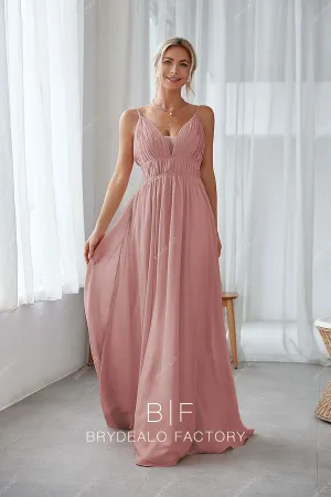 Dusty Rose Thin Straps Pleated Plunging A-line Chiffon Bridesmaid Dress