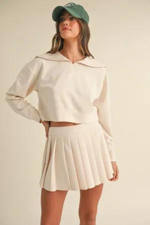 Ecru Collared Sweatshirt & Pleated Mini Skirt Set