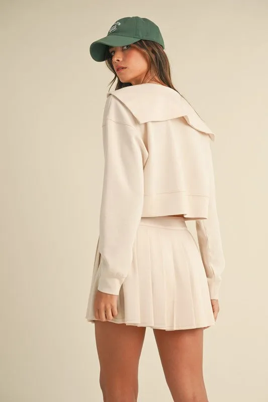 Ecru Collared Sweatshirt & Pleated Mini Skirt Set