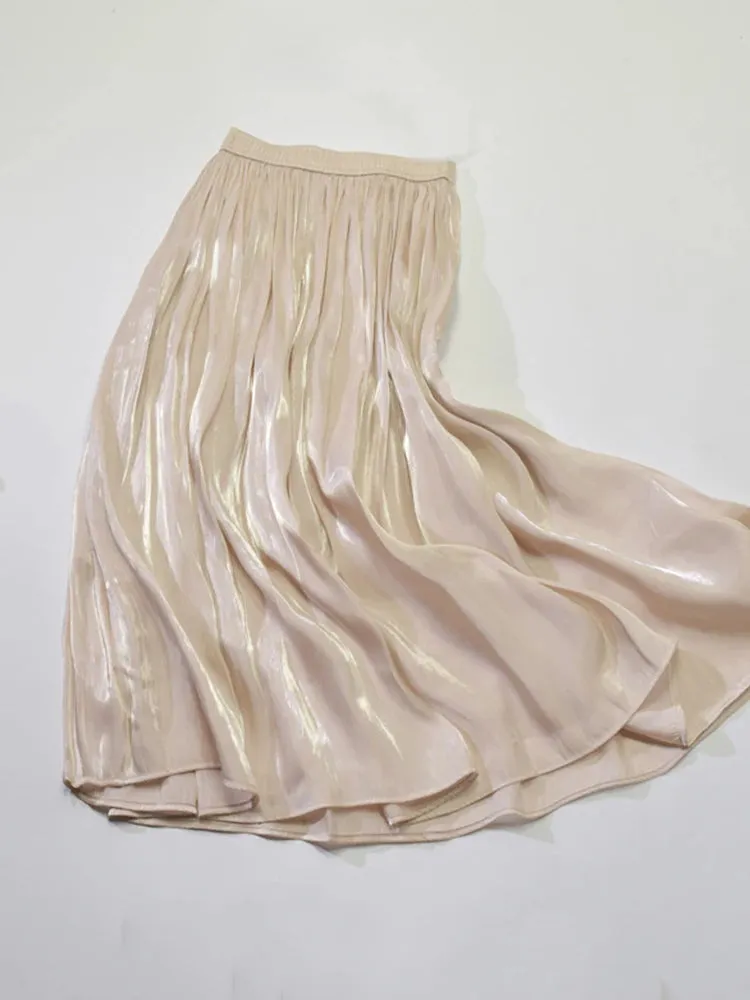 Elegant Solid Midi Pleated Skirt Women Korean High Waist Spring Summer Ladies Satin Maxi Skirt Female Faldas Saia  B-032