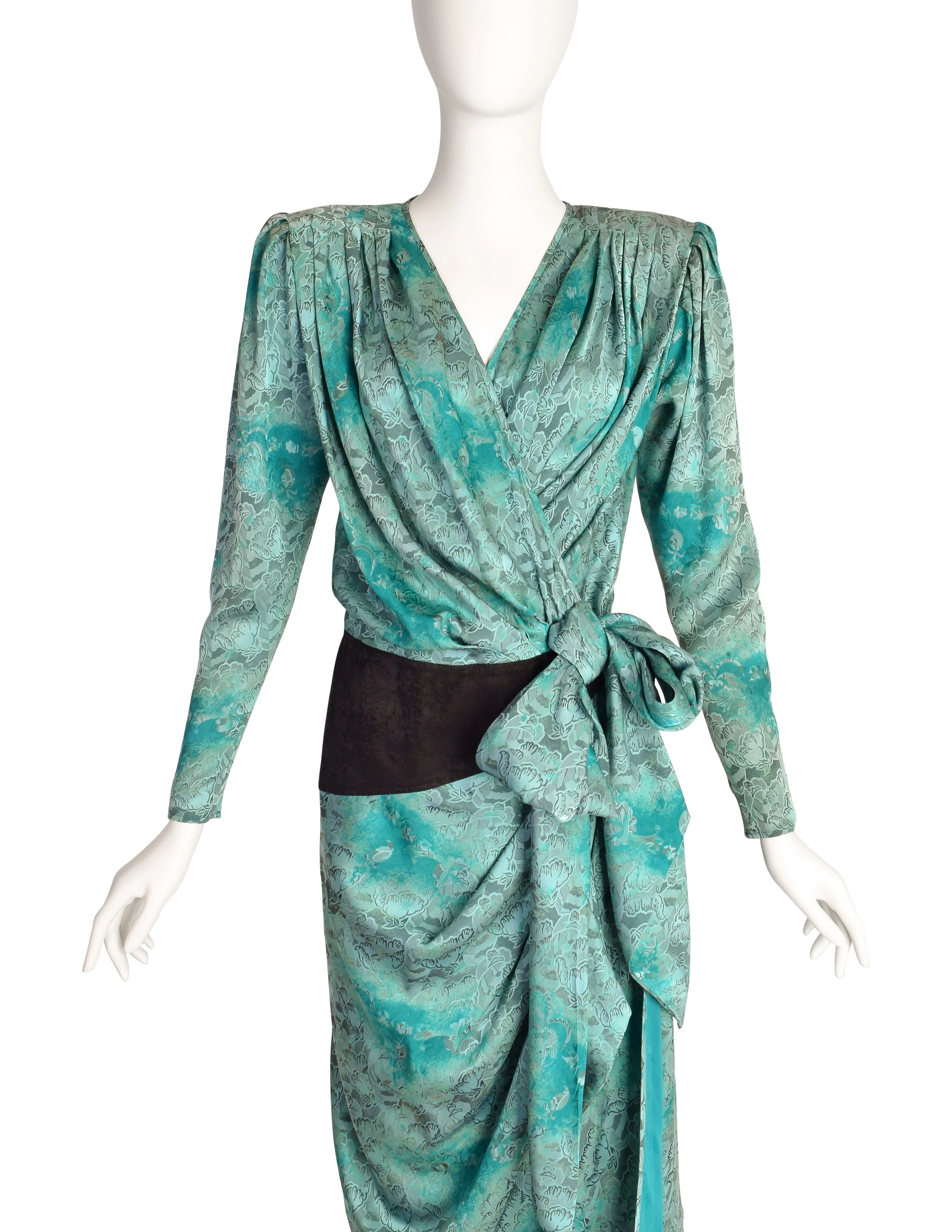 Emanuel Ungaro Vintage AW 1985 Mint Turquoise Black Floral Silk Jacquard Draped Wrap Dress