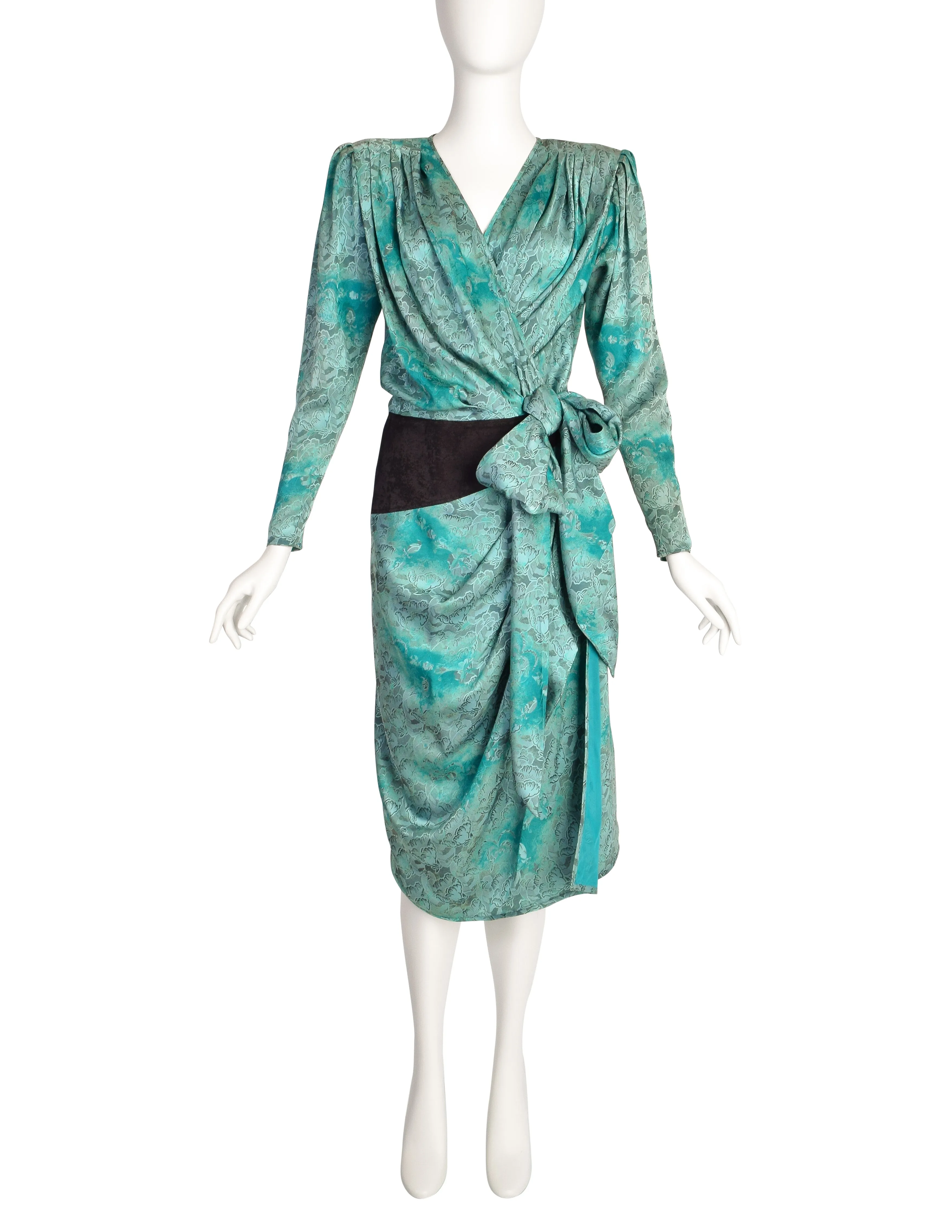 Emanuel Ungaro Vintage AW 1985 Mint Turquoise Black Floral Silk Jacquard Draped Wrap Dress