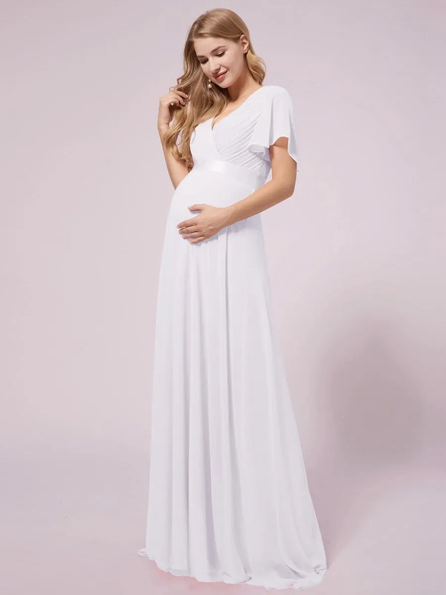 Empire Bodice Pleated Maxi Bump Friendly Dress with Sleeves