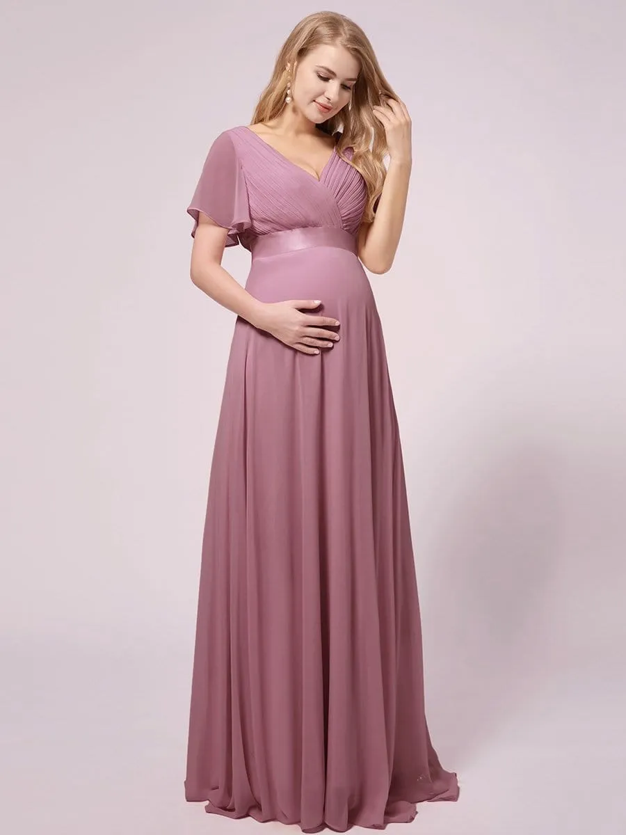 Empire Bodice Pleated Maxi Bump Friendly Dress with Sleeves