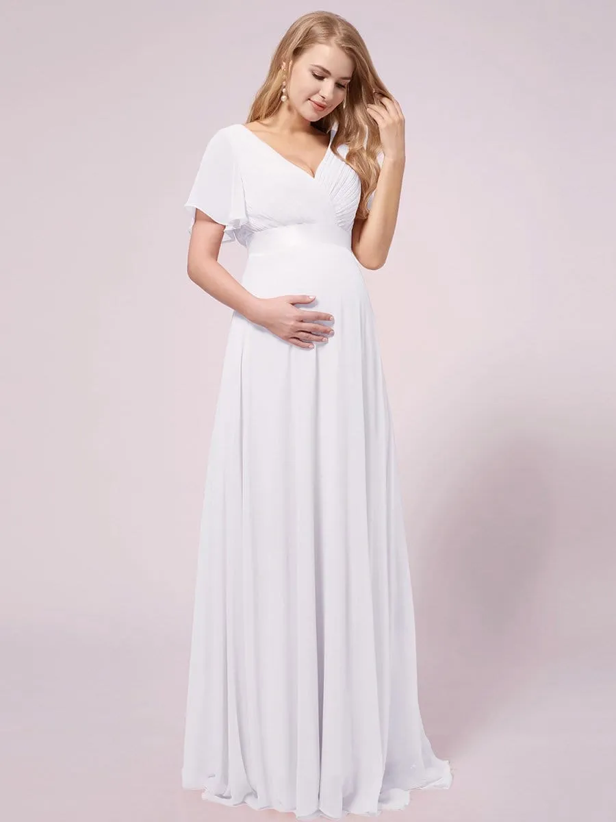 Empire Bodice Pleated Maxi Bump Friendly Dress with Sleeves