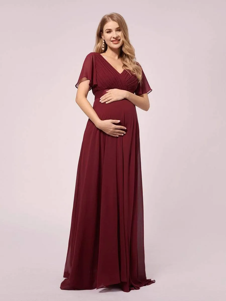 Empire Bodice Pleated Maxi Bump Friendly Dress with Sleeves