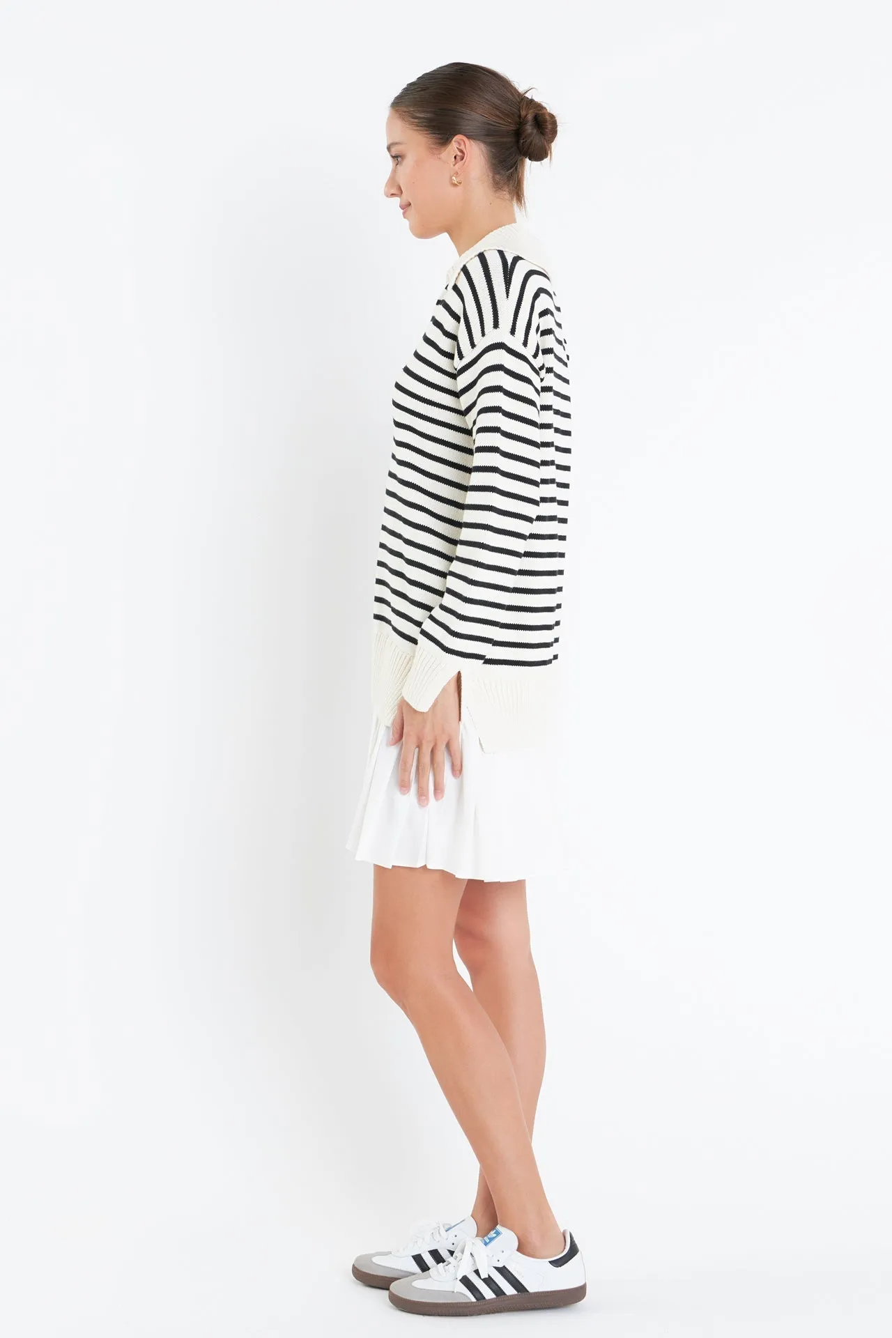 English Factory - Striped Mixed Media Pleated Dress