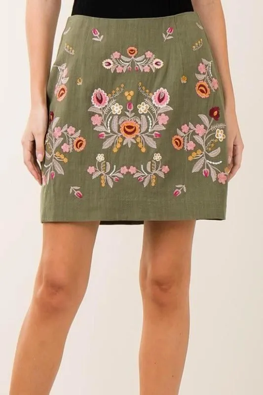 Entro Linen Embroidered Mini Skirt - Olive