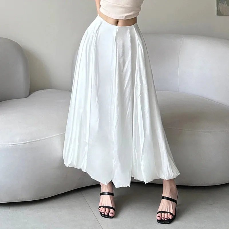 Fashion Folds Bud White Satin Skirt Long Chic Solid Elegant Loose Maxi Skirt Female Boho Vacation Outfits Draped