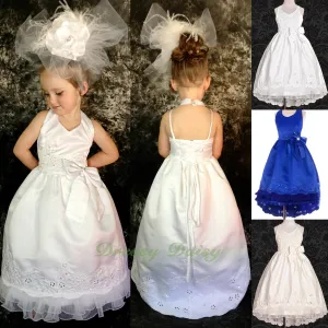 FG181 Satin Wedding Flower Girl Halter Dress W/ Train Pageant Party Size 2-12