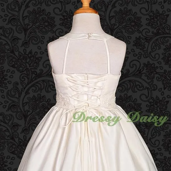 FG181 Satin Wedding Flower Girl Halter Dress W/ Train Pageant Party Size 2-12