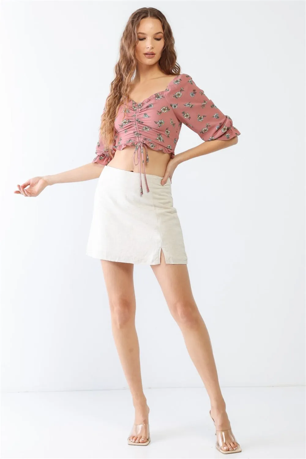 Floral Ruffle Smocked Back Ruched Crop Top