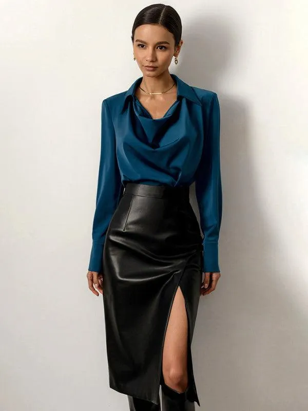 Front Slit Faux Leather Midi Pencil Skirt