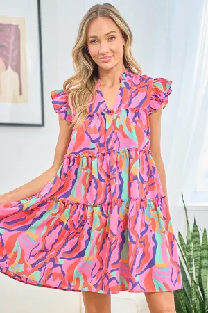 Full Size Printed Ruffle Cap Sleeve Tiered Dress