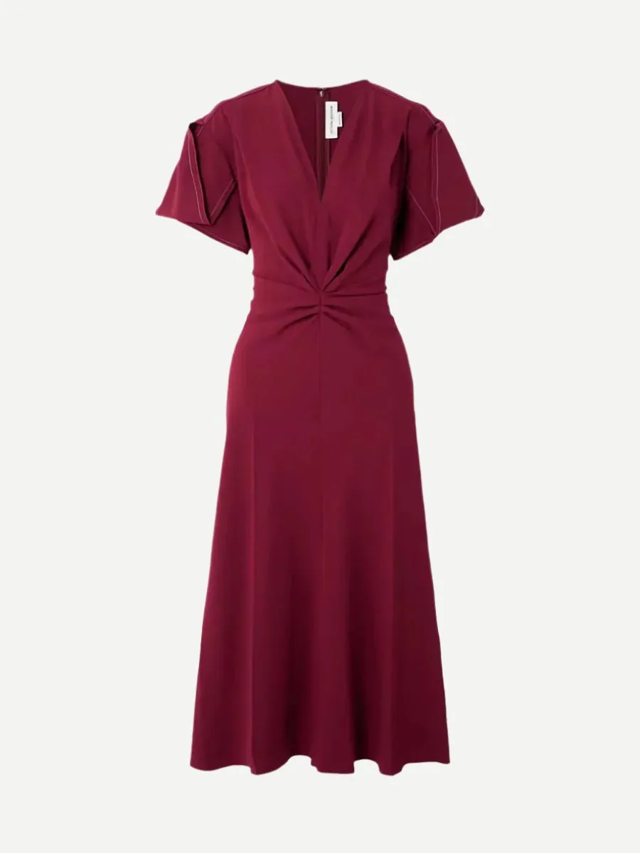 Gathered V-Neck Midi Dress in Oxblood