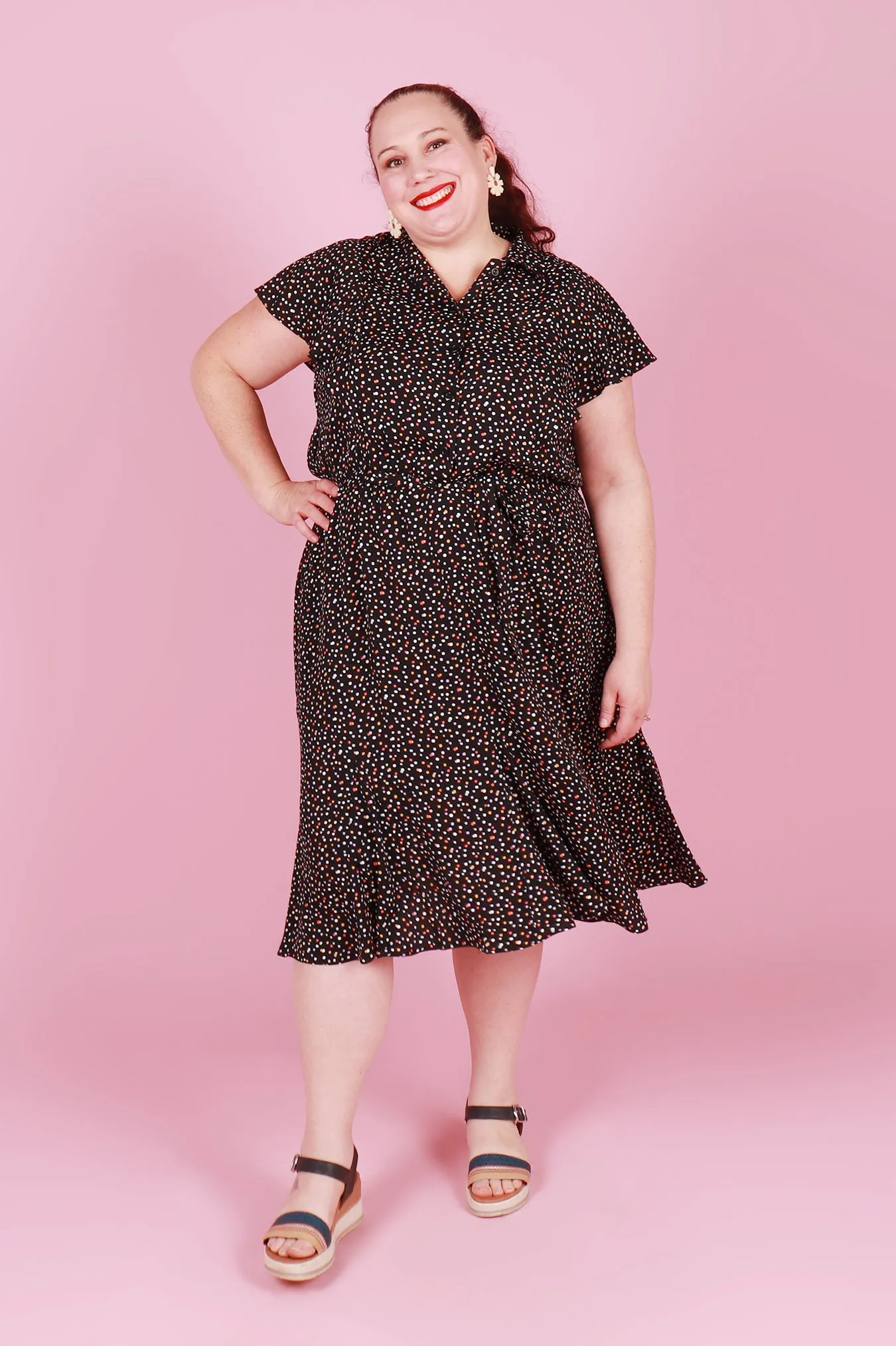 Gillian Dress Midi Begonia Multi Spot Black