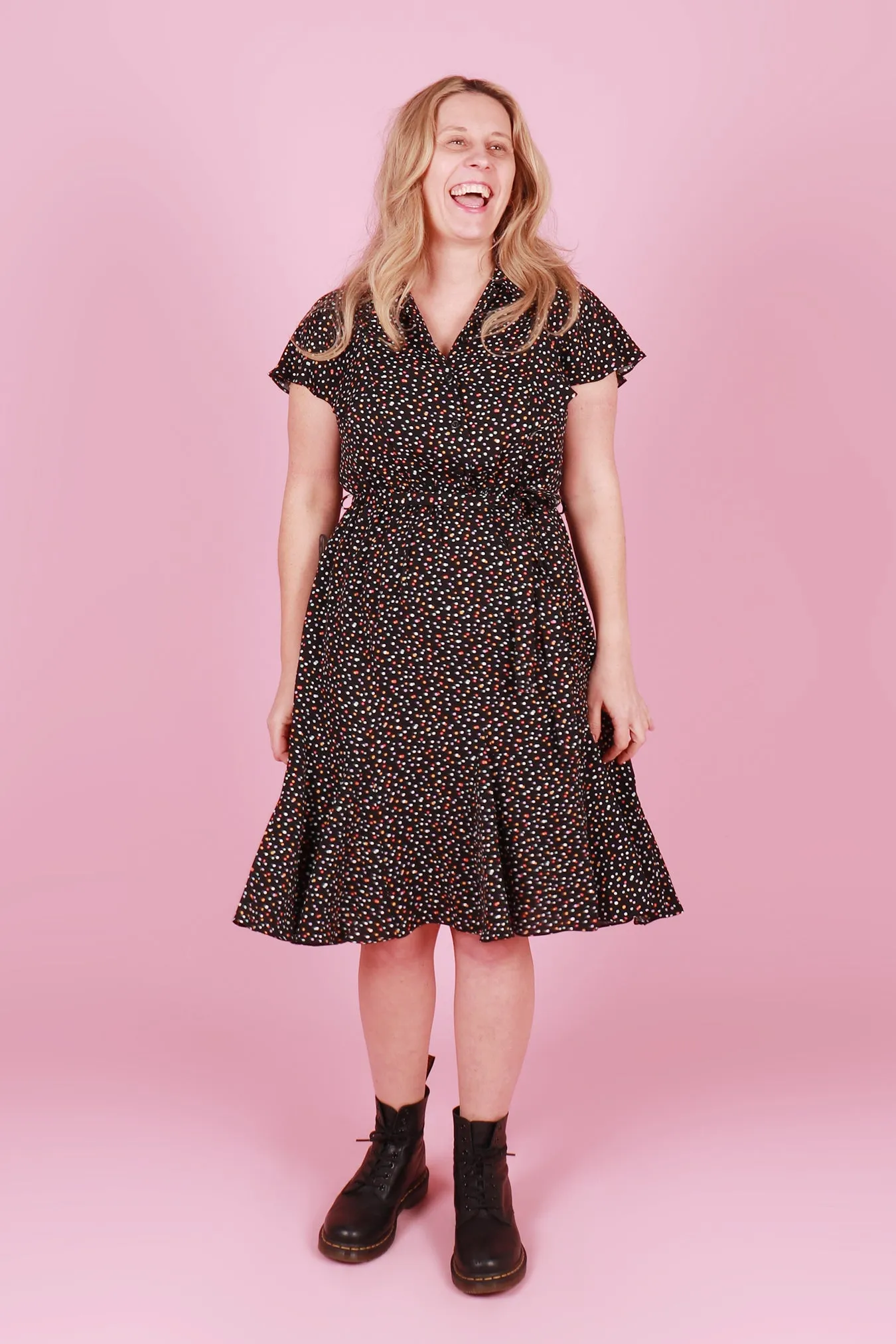 Gillian Dress Midi Begonia Multi Spot Black