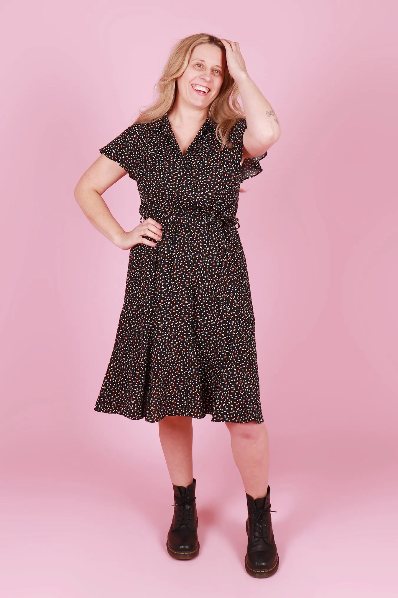 Gillian Dress Midi Begonia Multi Spot Black