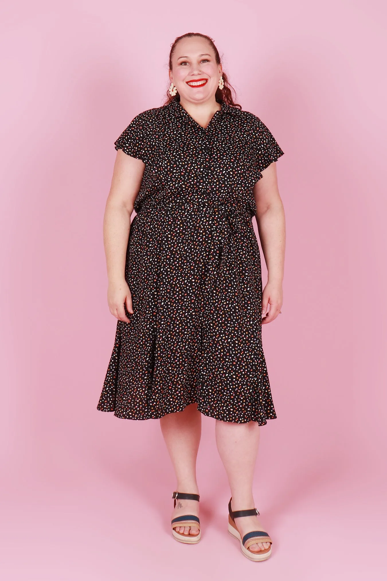 Gillian Dress Midi Begonia Multi Spot Black