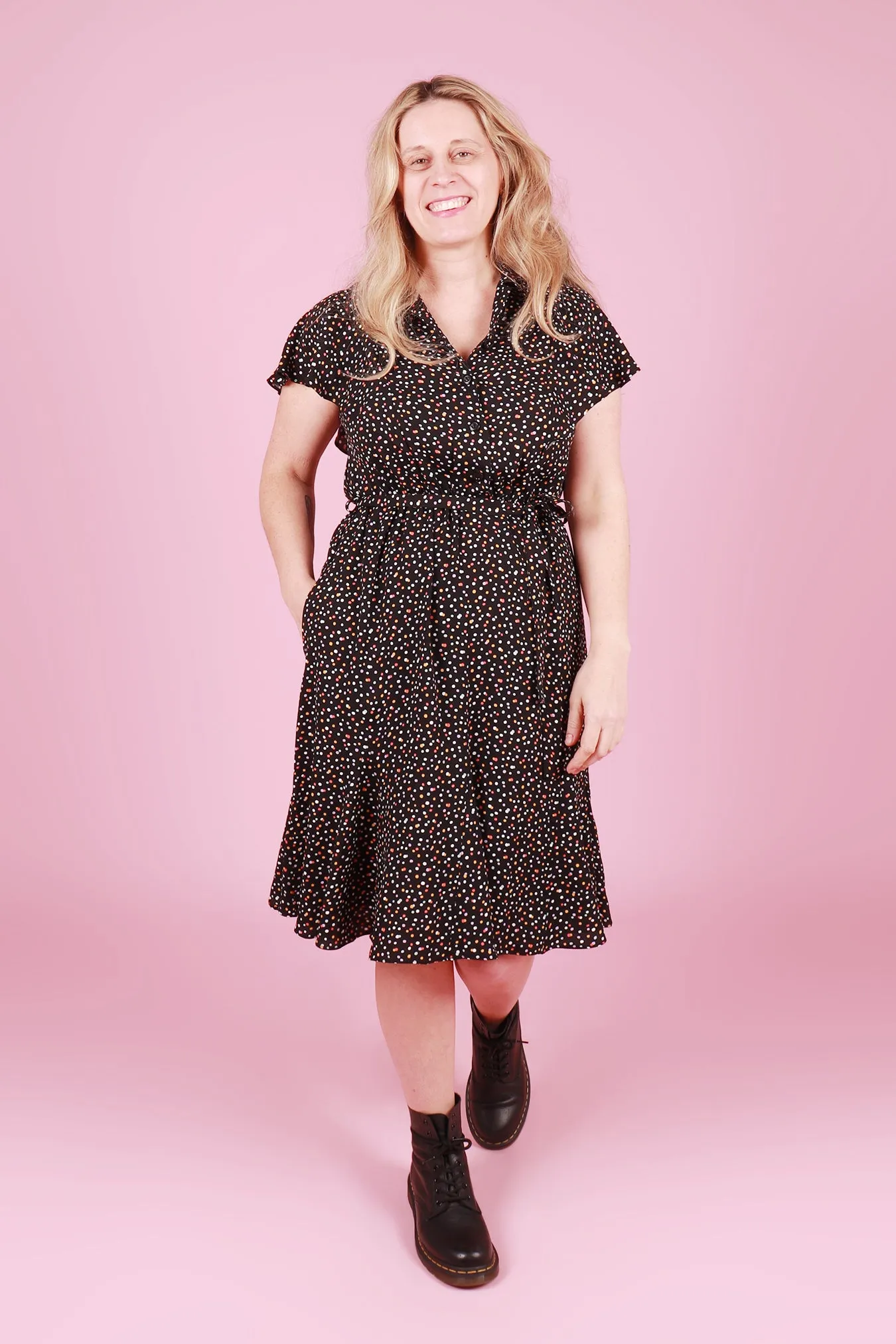 Gillian Dress Midi Begonia Multi Spot Black