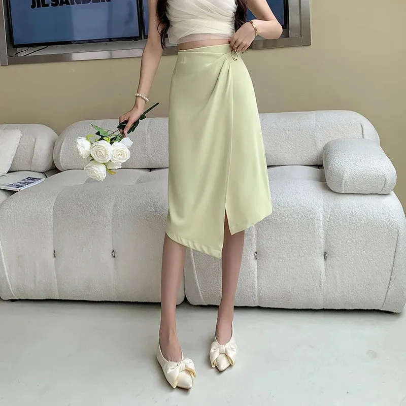 Green Summer New Office Lady Skirts Pure Color Pleated Slim High Waist Irregular Female Skirt Black White Basic Workwear