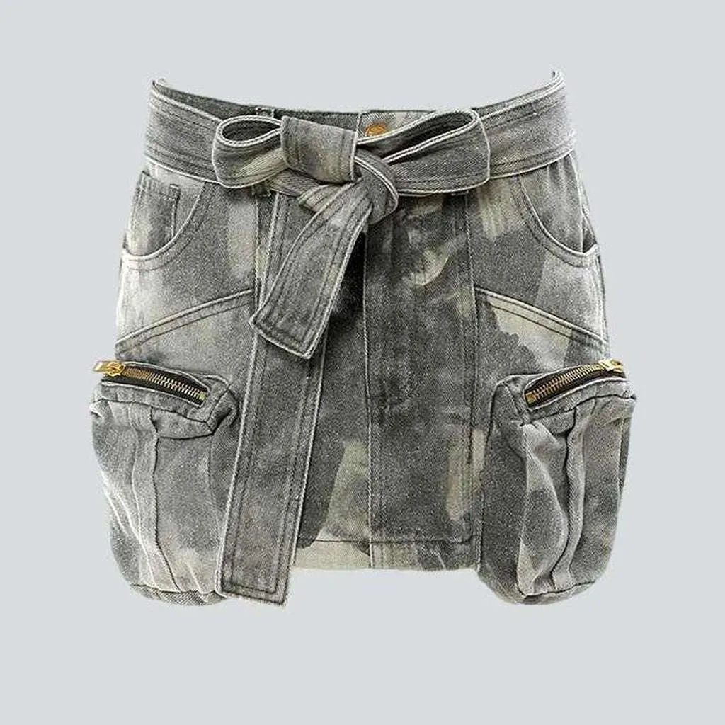 Grey camouflage print denim skirt