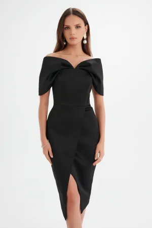 HARLEEN Draped Bardot Bonded Satin Midi Dress In Black