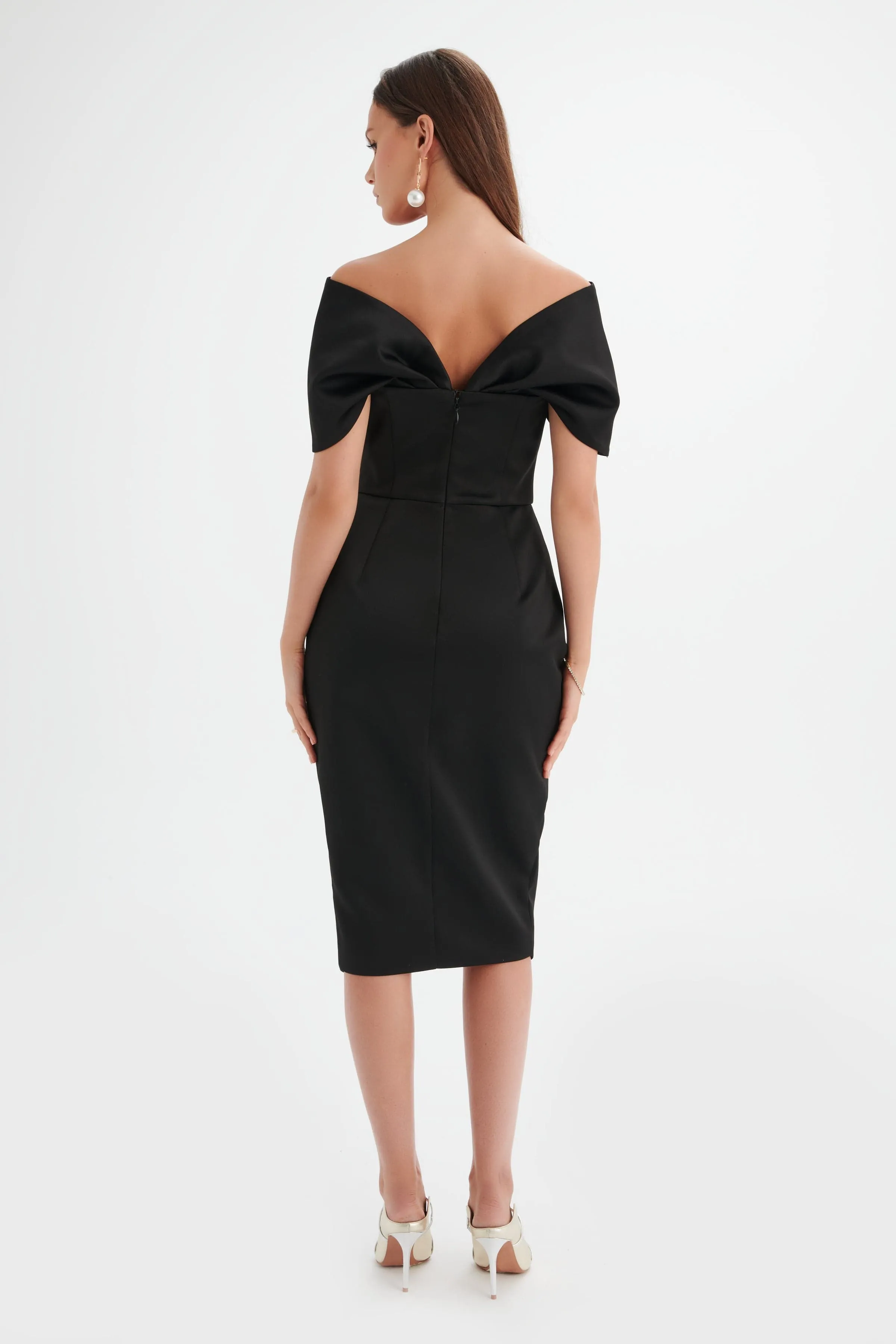 HARLEEN Draped Bardot Bonded Satin Midi Dress In Black