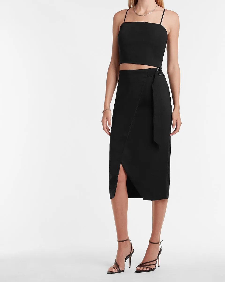 High Waisted Side Tie Buckle Midi Skirt in Pitch Black