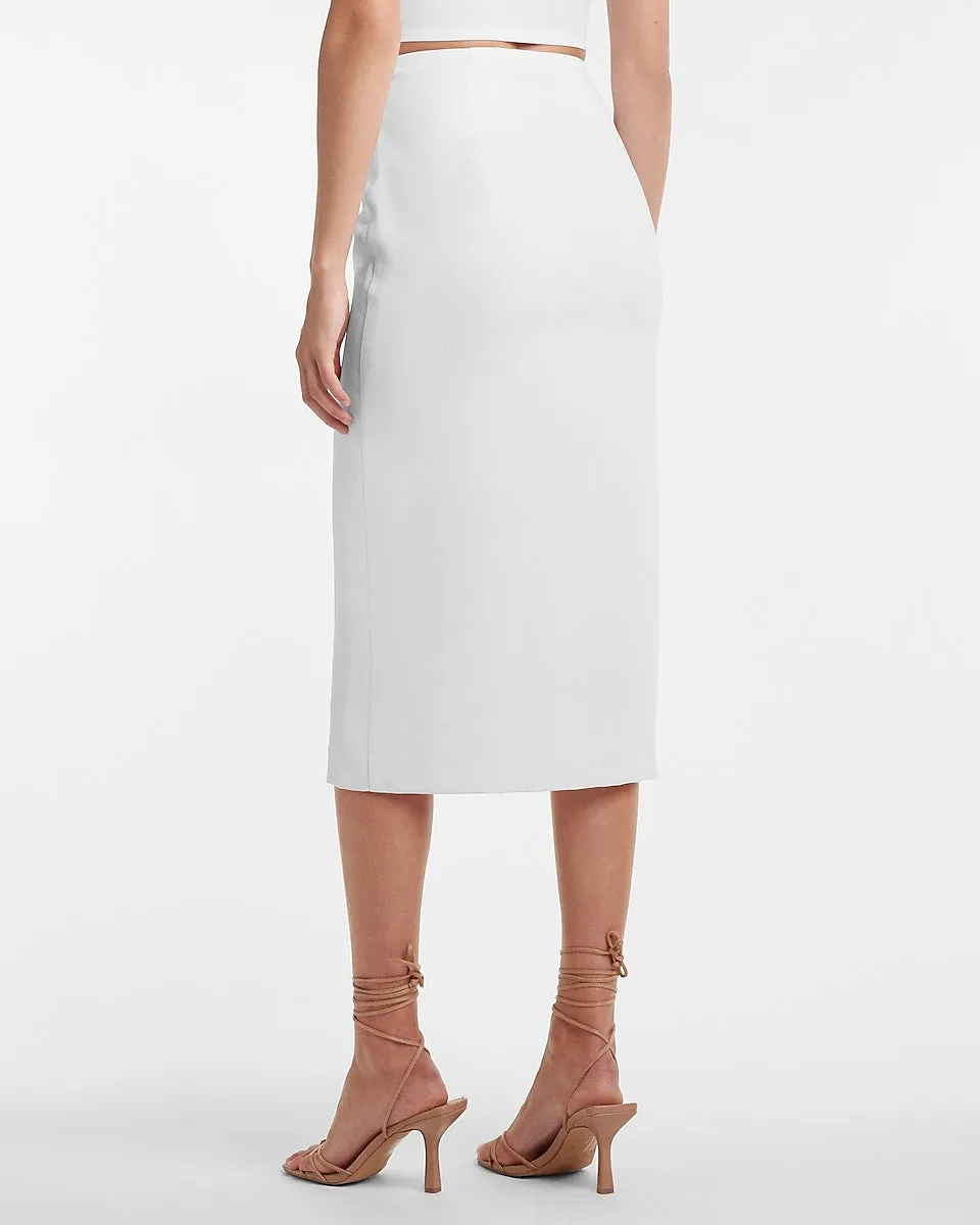 High Waisted Side Tie Buckle Midi Skirt in White