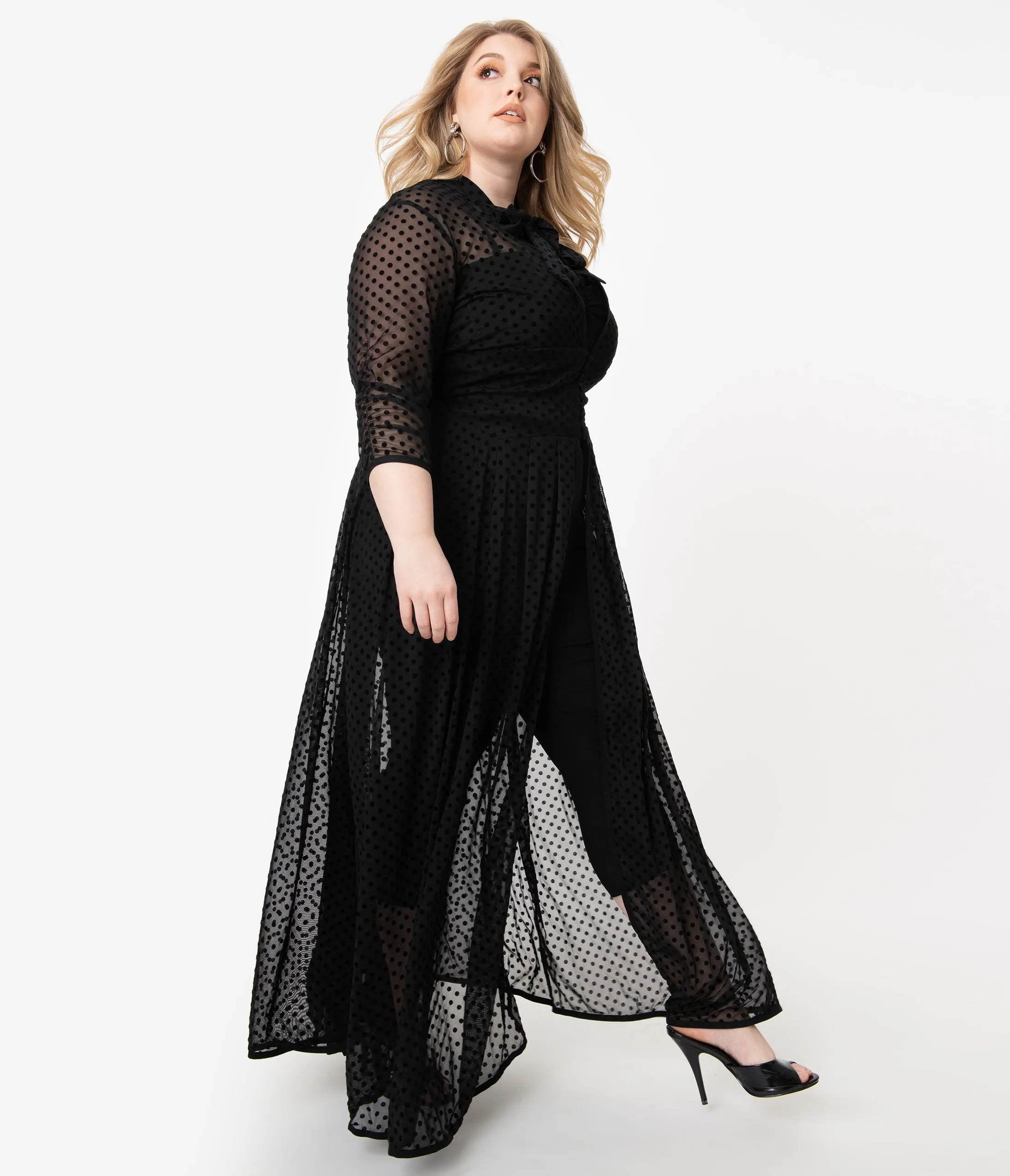 I Love Lucy x Unique Vintage Plus Size Black Swiss Dot Starlet Duster