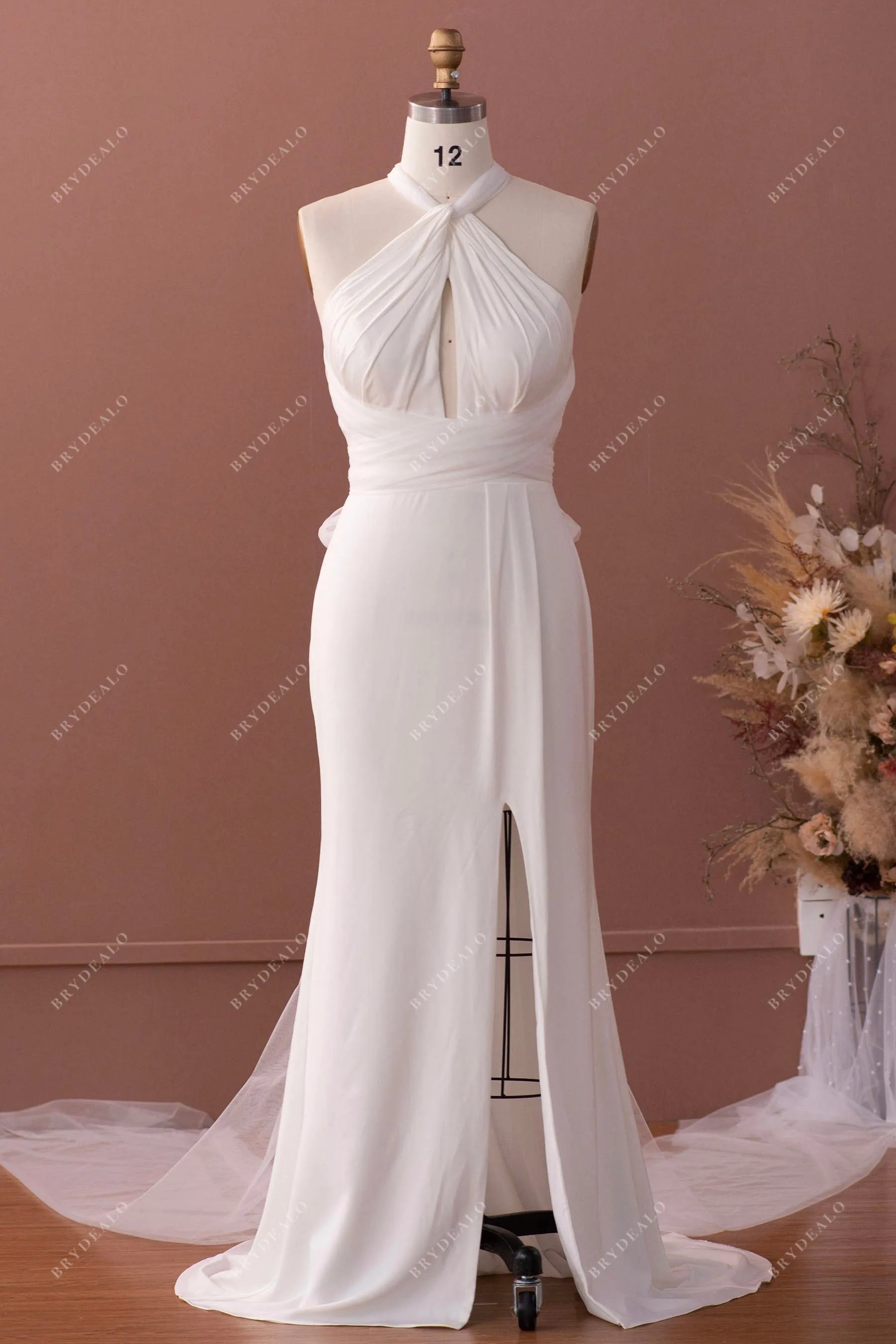 Ivory Halter Neck Stretchy Satin Informal Slit Mermaid Wedding Dress