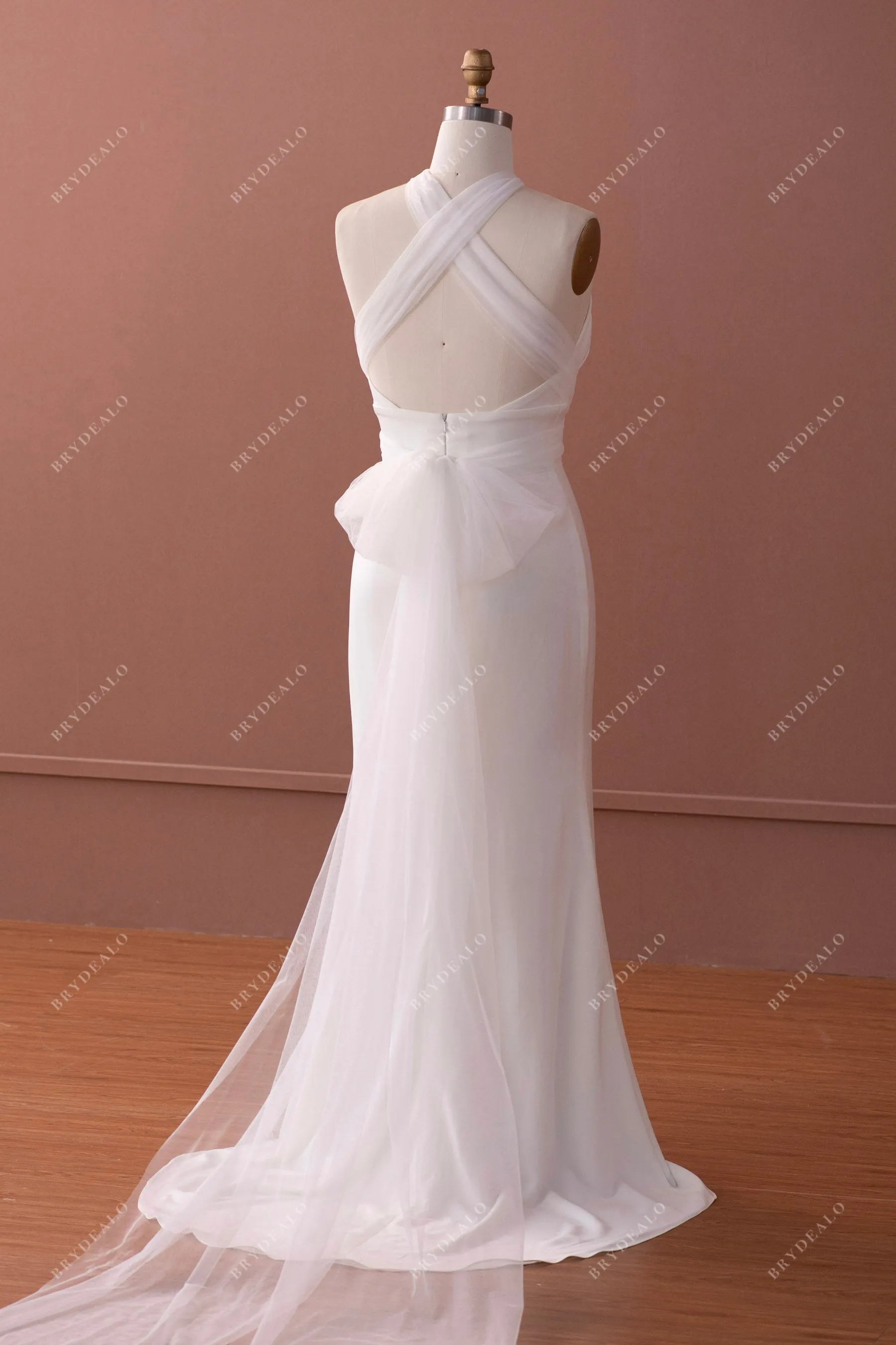 Ivory Halter Neck Stretchy Satin Informal Slit Mermaid Wedding Dress