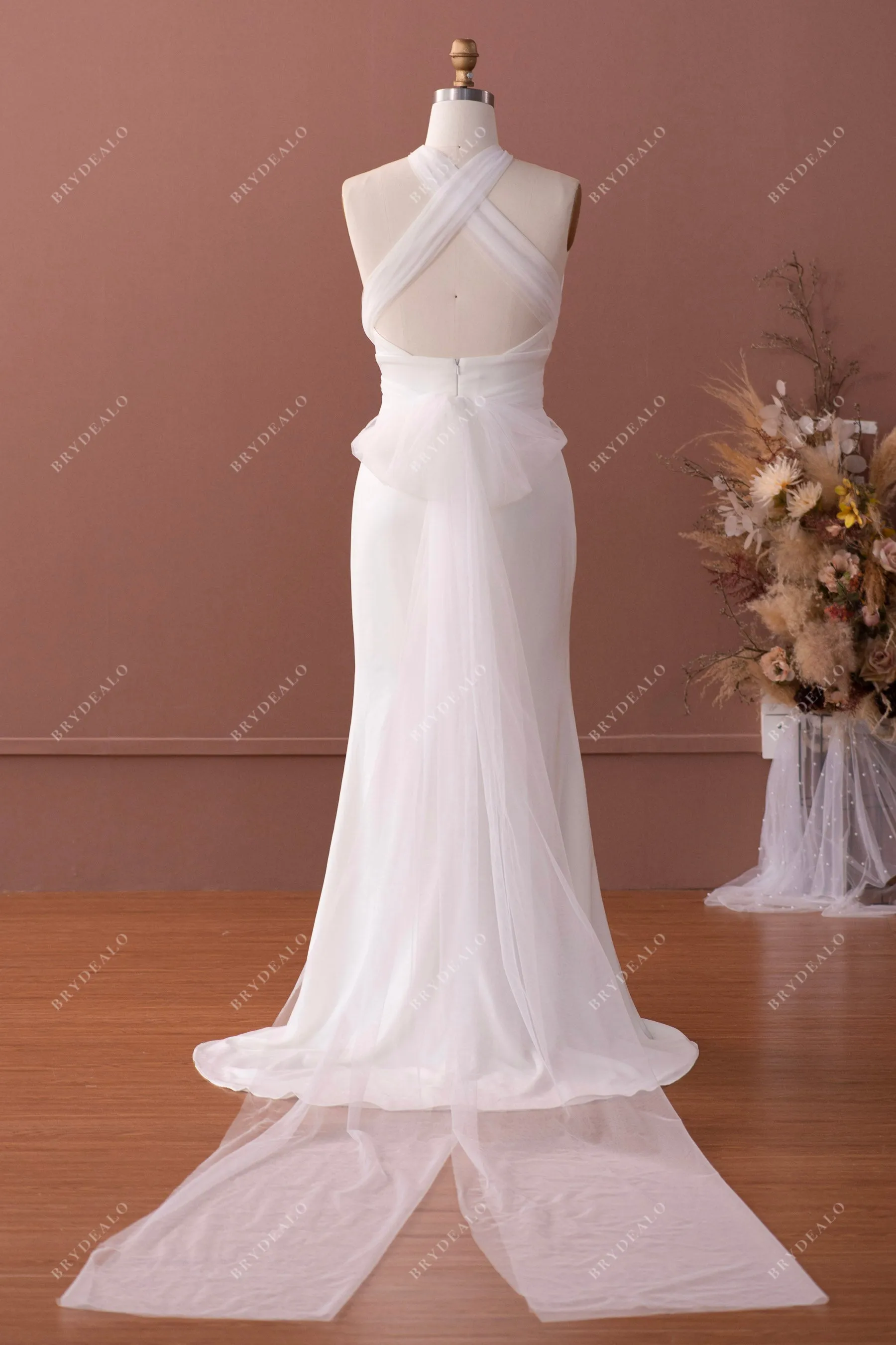 Ivory Halter Neck Stretchy Satin Informal Slit Mermaid Wedding Dress