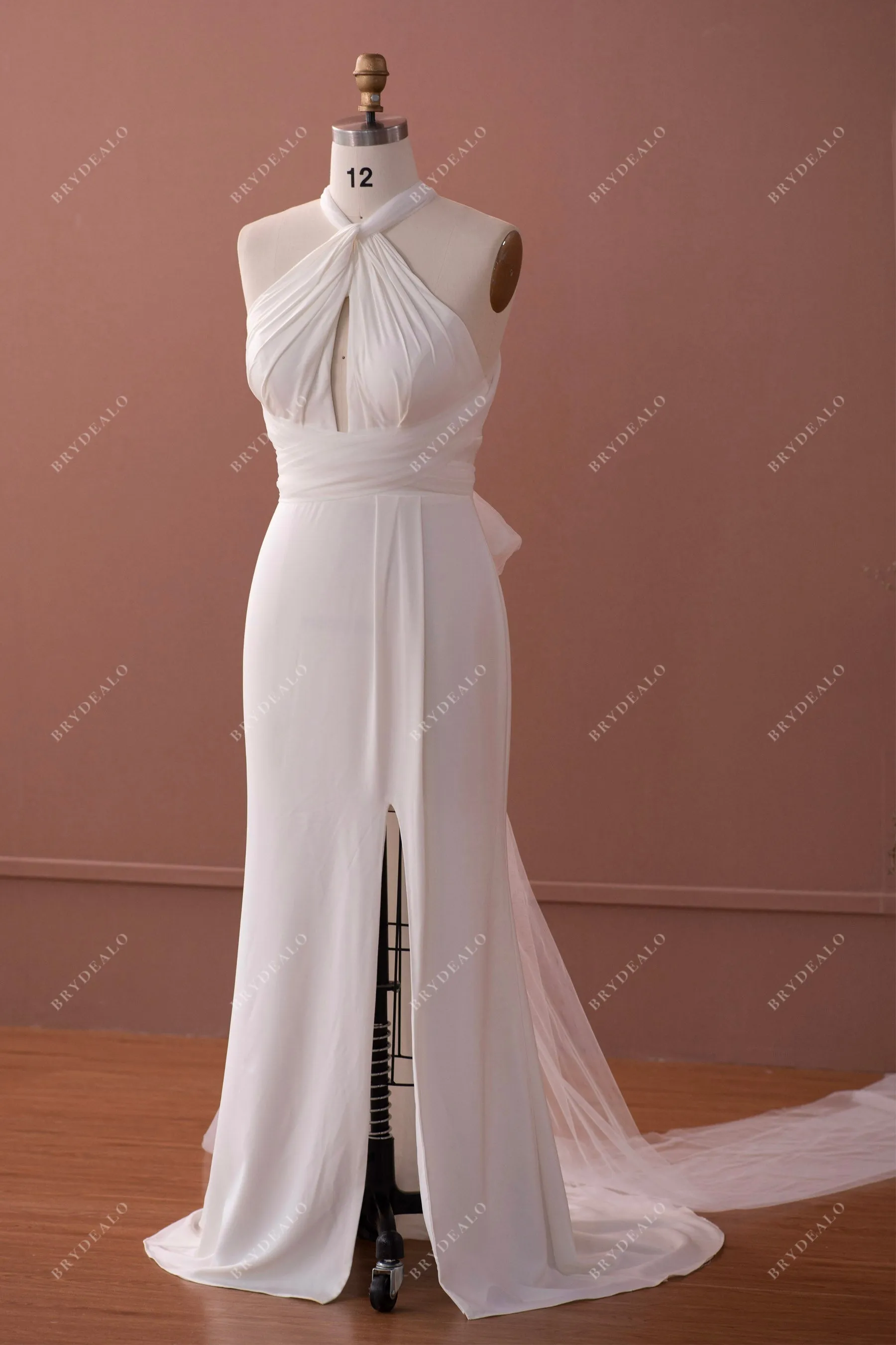 Ivory Halter Neck Stretchy Satin Informal Slit Mermaid Wedding Dress