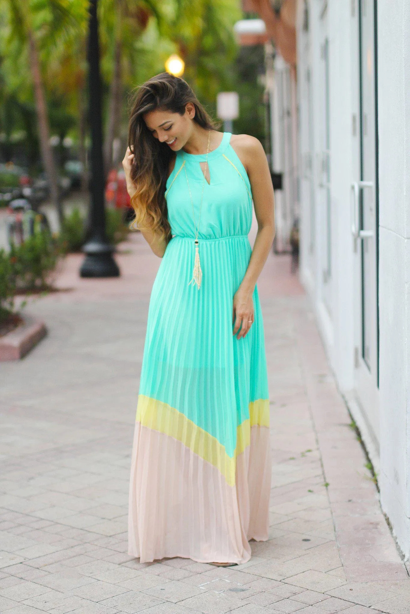 Jade Color Block Pleated Maxi Dress