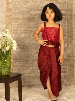 Jashvi Girl's Maroon Draped Skirt With Crop Top