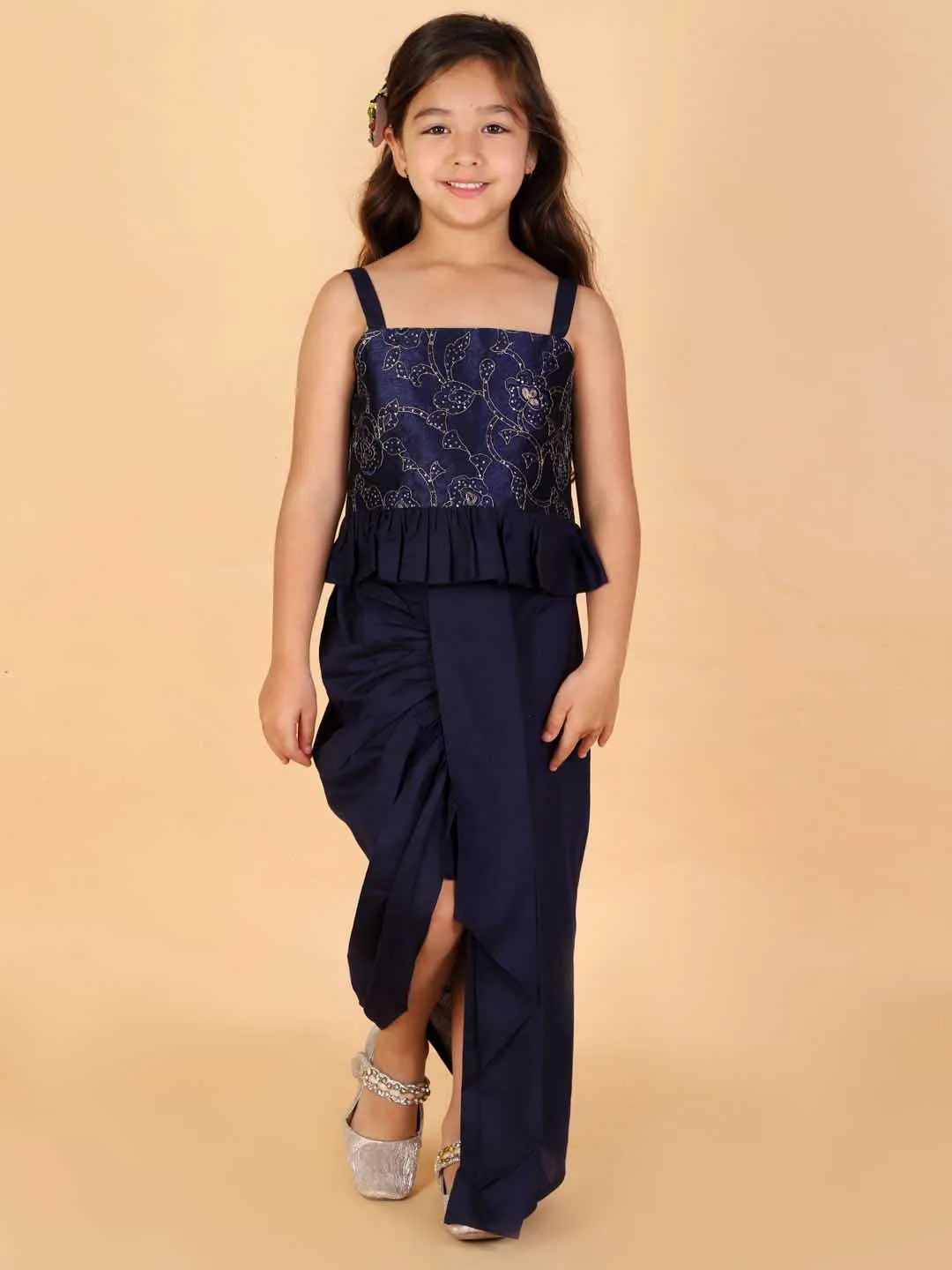 Jashvi Girl's Navy Blue Draped Skirt With Crop Top