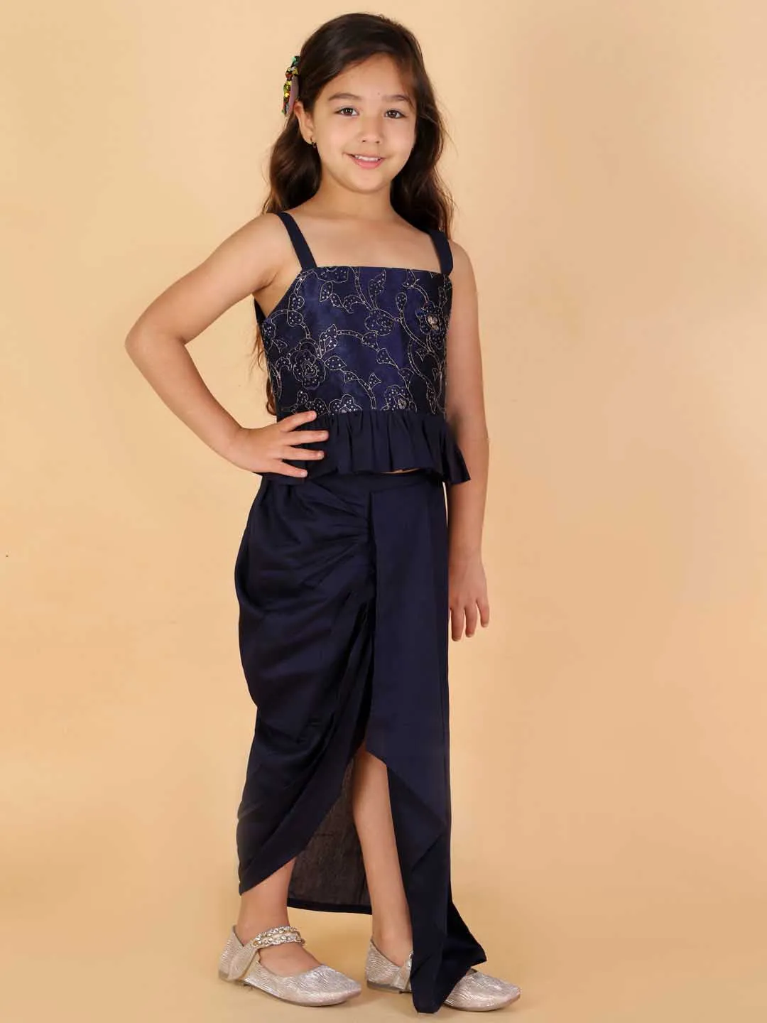 Jashvi Girl's Navy Blue Draped Skirt With Crop Top